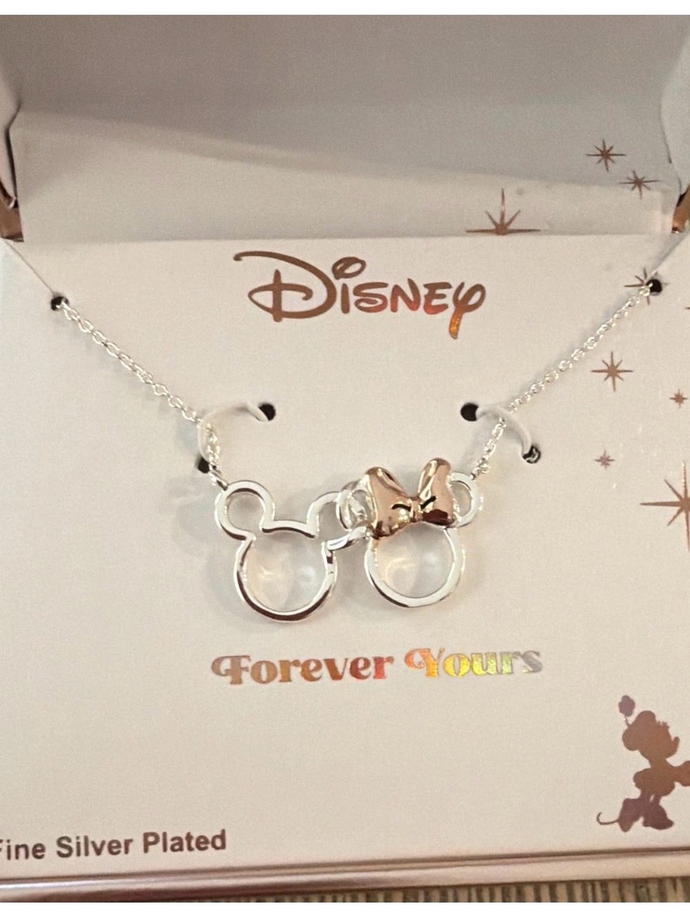 Disney Silver Necklace with Rose Gold Bow Mickey & Minnie Outlines